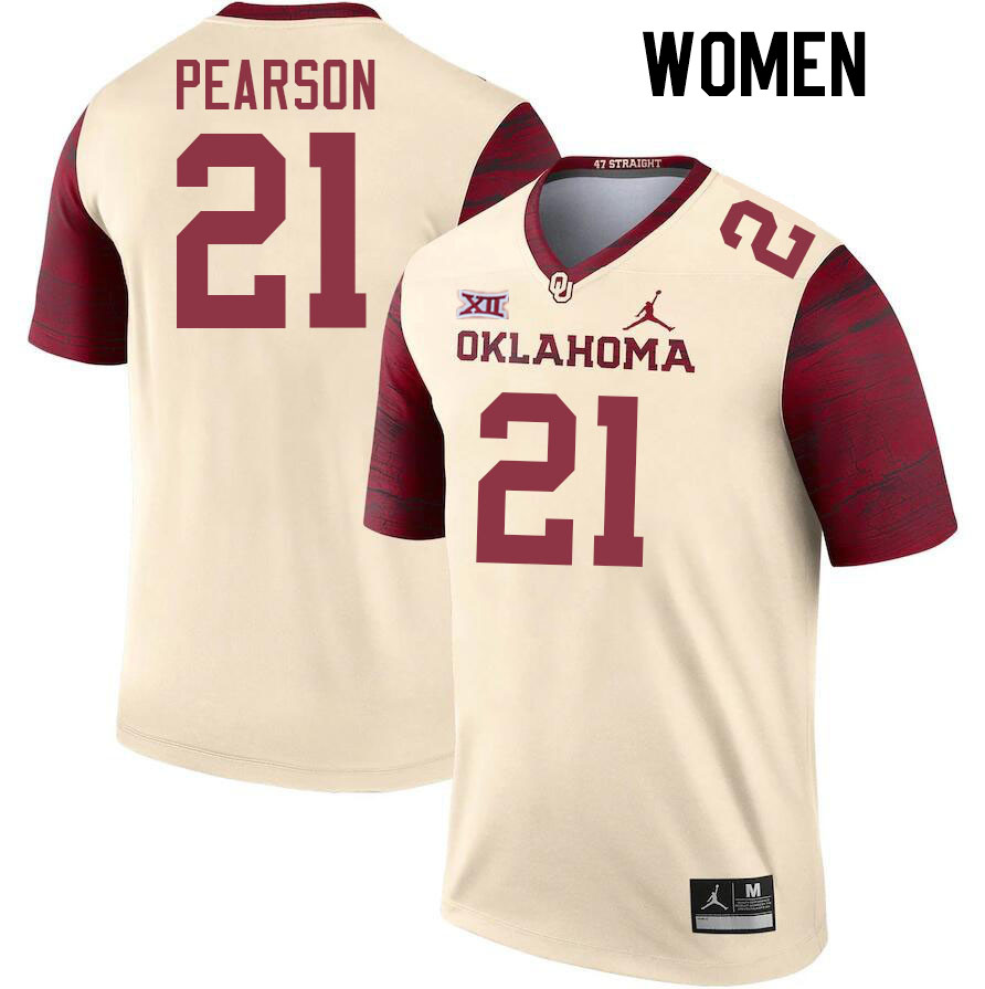 Women #21 Reggie Pearson Oklahoma Sooners College Football Jerseys Stitched-Cream - Click Image to Close